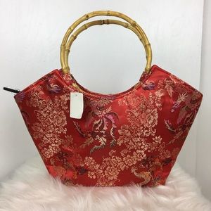 Red Brocade Handbag With Bamboo Handles NWT